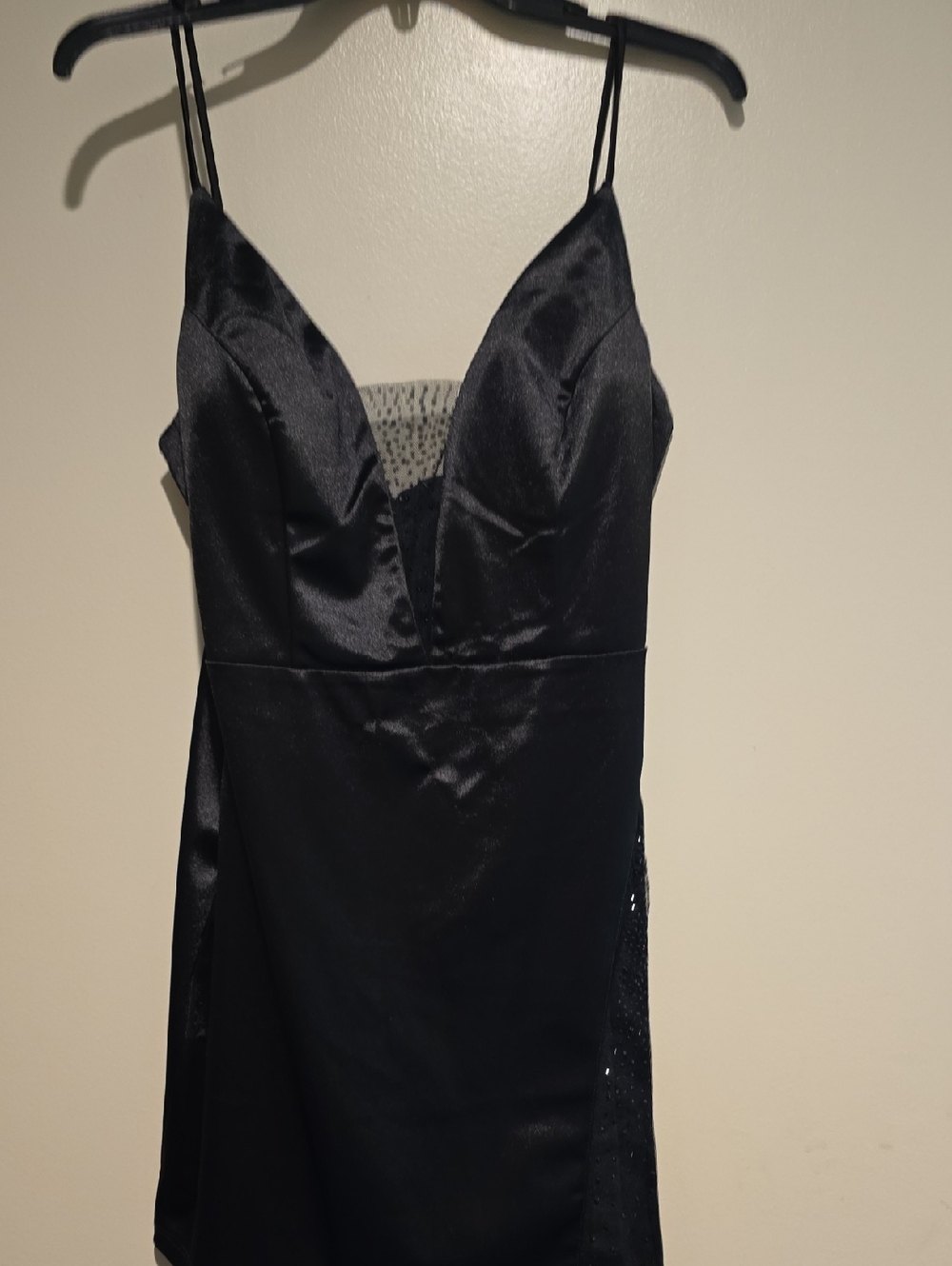 Black Satin Slip Dress with Sheer Inset